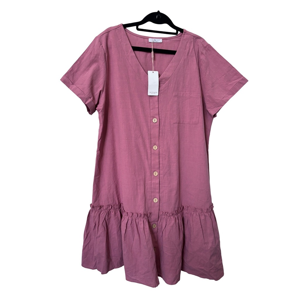 Hotouch Womens Pink 100% Cotton Button Down Ruffle Hem Mini Dress XL NWT